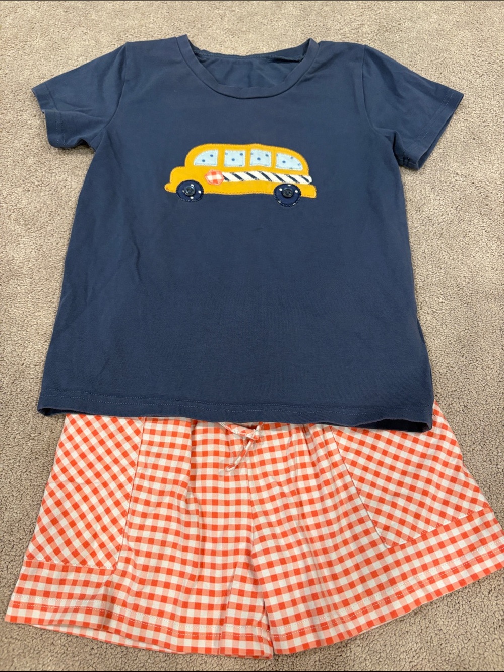 Navy Bus Appliqué Tee & Orange Gingham Shorts Kids Matching Set